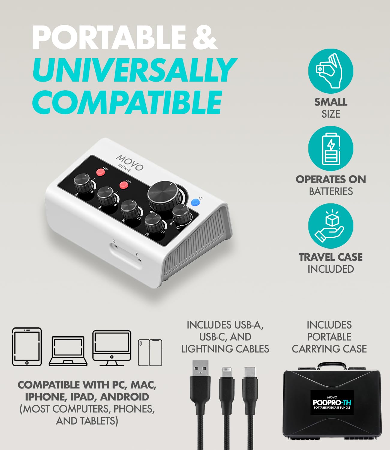 Movo Paquete de equipo de podcast portátil para teléfonos iPhone/Android, kit de podcast con interfaz de audio, 2 micrófonos dinámicos CastMic, 2 soportes de mesa, para smartphones, computadoras, PC