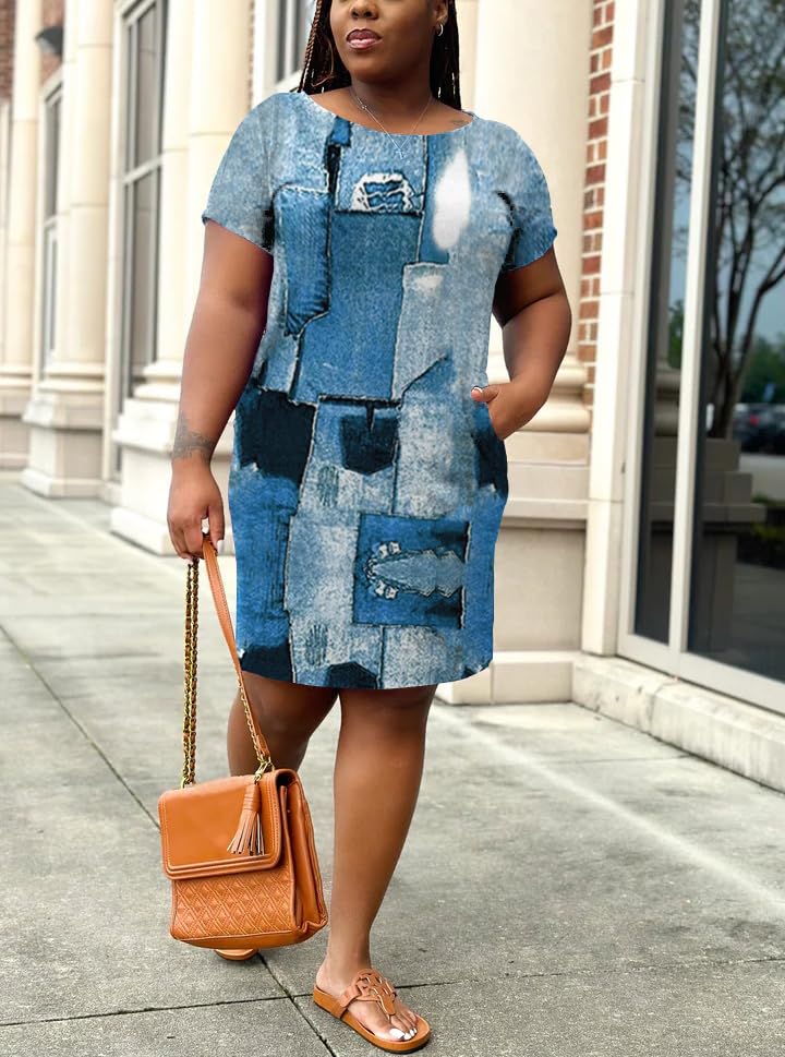 Image of PINSV Women Plus Size Summer Casual T Shirt Dresses Short Sleeve Tunic Dress with Pockets