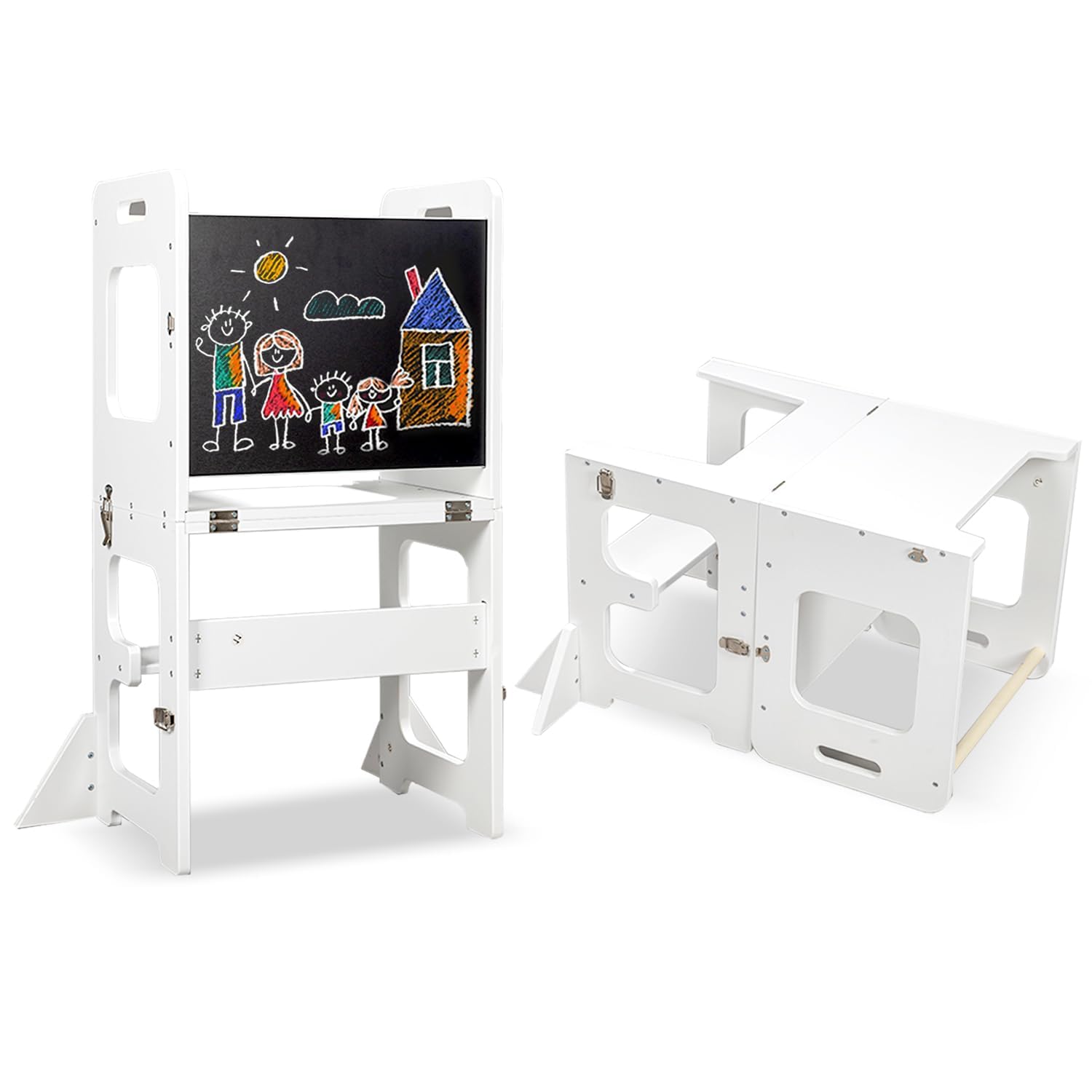 Image illustrating the transformation steps of the Labebe Learning Tower from a tower to a desk, showing unlocking buckles, folding, and locking sides.