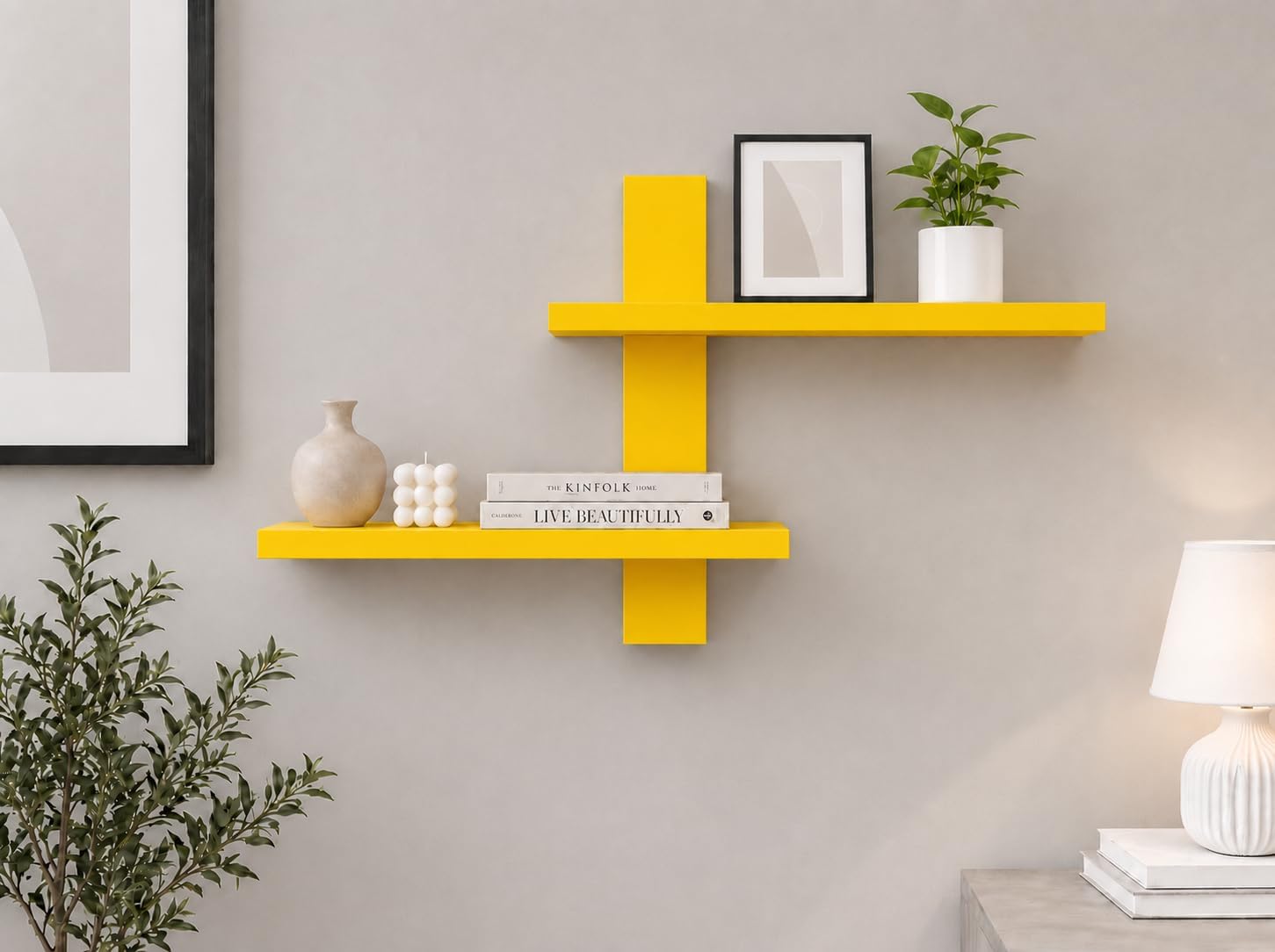 Wooden Floating Wall Shelf for Living Room, Bedroom & Office | Modern Wall Mounted Display Shelf | Yellow Engineered Wood Storage Rack | 65W x 35H x 12D CM-picture-20