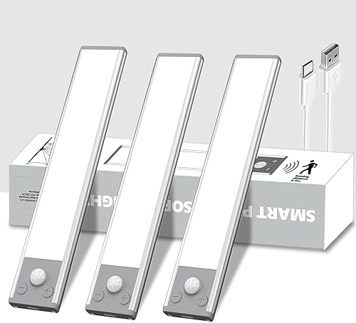 Luces para debajo del gabinete inalámbricas, luz recargable con sensor de movimiento para interiores, tira magnética de iluminación blanca, tira de