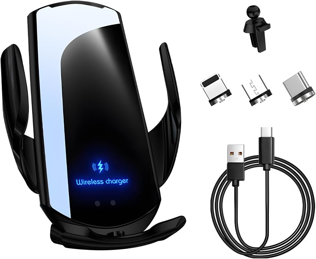Wireless Car Charger, 15W Fast Charging Air Vent Mount Auto-Clamping Phone Holder, Automotive Electric Induction Charger 360° Rotating Magnetic Vent Mount Bracket for Smartphones (Black)