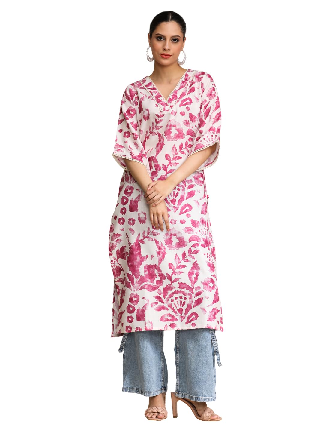 Varanga Abstract Printed V Neck Flared Sleeve Kurta White