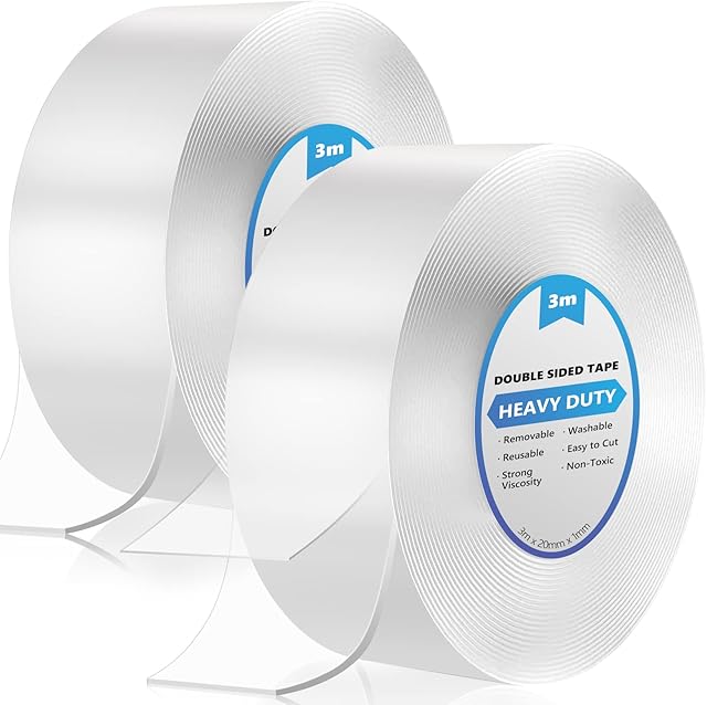 6M/19.7 FT Double Sided Tape Heavy Duty, 2 Rolls Double Sided Sticky Tape Carpet Tape, Removable Reusable Traceless Transparent Strong Nano Mounting Tape for Photos Wall, Posters, Kitchen, Party