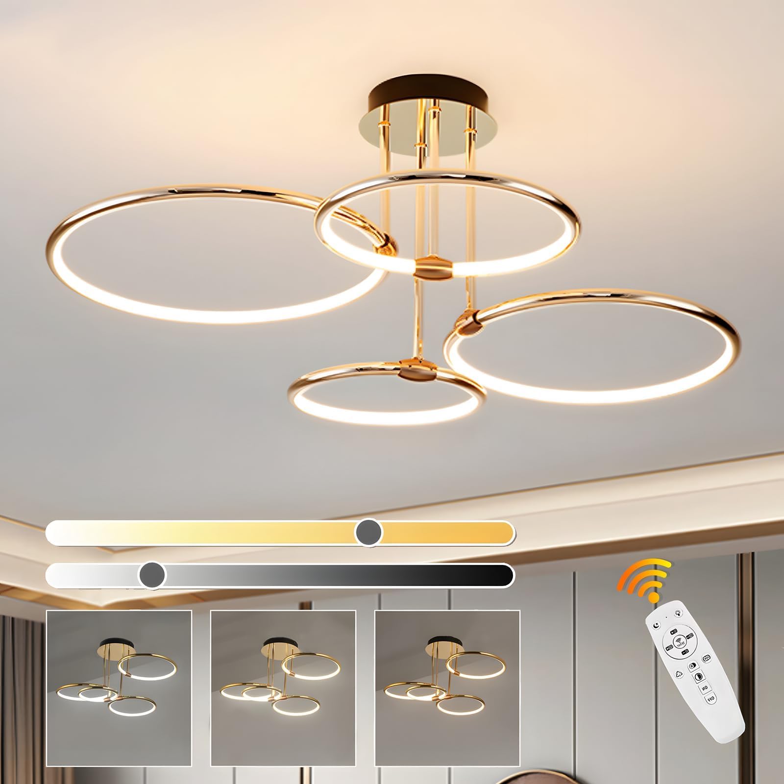 WayLuoung 4 Ring Gold Led Deckenleuchte, Ø75cm | 85W Kronleuchter Stufenlos Dimmbar, Kreative Metallgalvanik Pendelleuchte, Moderne Lampe Für Schlafzimmer, Wohnzimmer, Kinderbüro Arbeitszimmer Küche