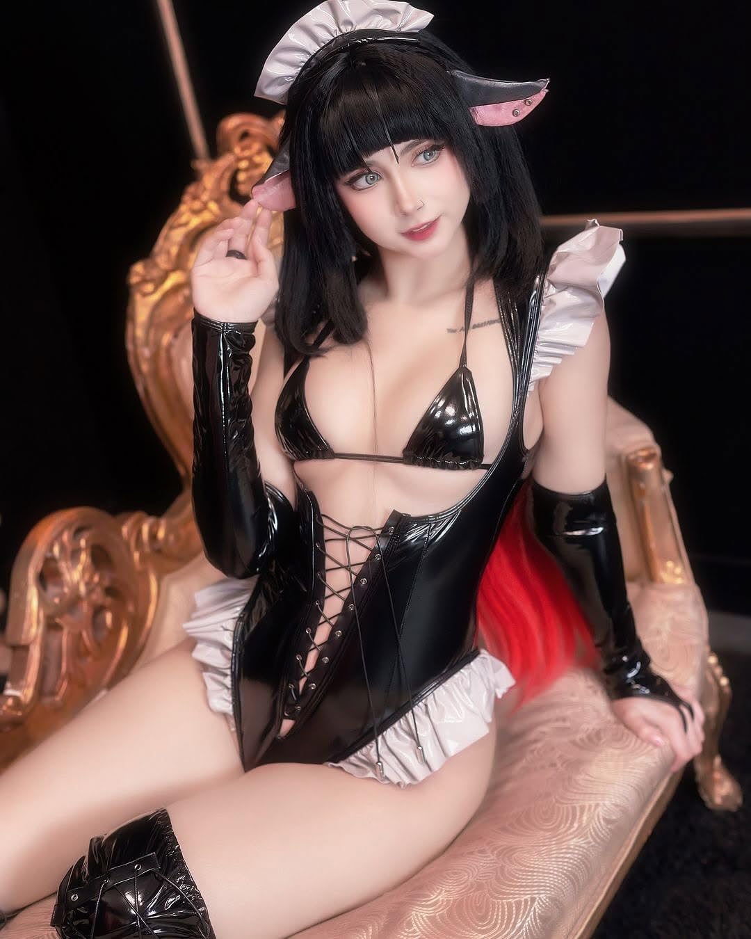 KORURACLUB Bar Maiden Maid costume Black premium pu cosplay lingerie Bar Maiden Maid lingerie: Large Black