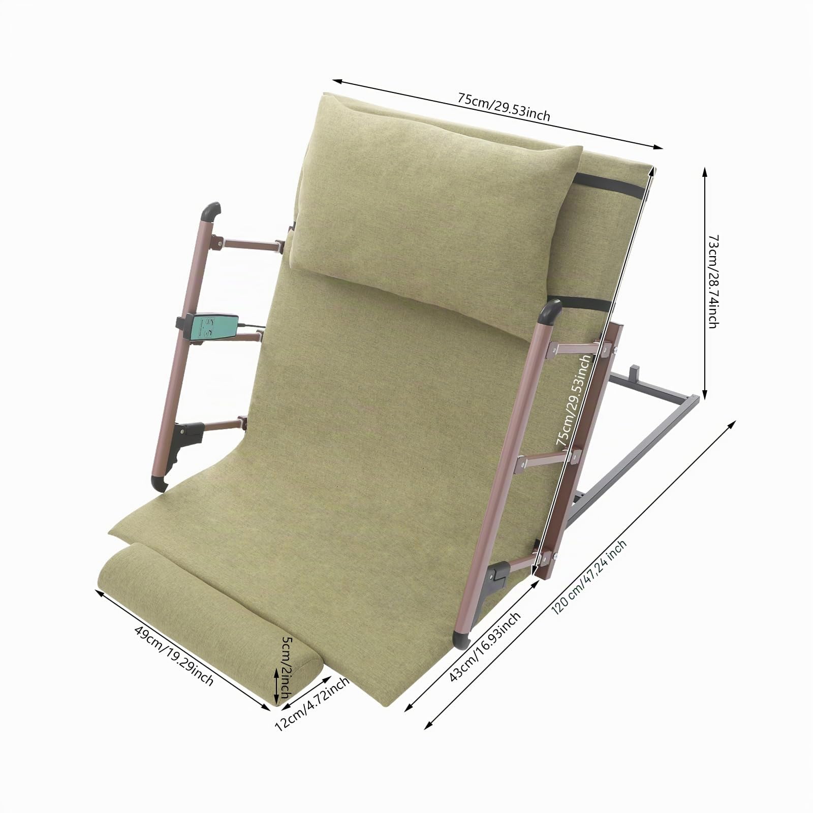 Dossier de lit électrique réglable 120 x 75 cm avec fonction de levage, télécommande, angle de levage 2 à 80°, avec coussin amovible, pour personnes âgées, 50 W, 300 kg