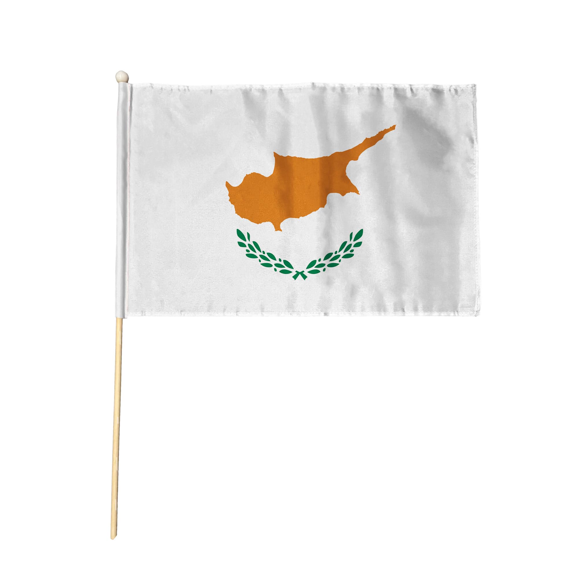 Flagtex Cyprus Pack of 12 Hand Waving Flag (18x12 Inch Large) - Premium Wooden Stick Hand Flag Big Size Natural Wood Pole European Island Copper Map Olive Branches Flag Events