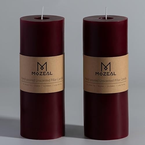 MOZEAL Velas de pilar extra grandes de color borgoña de 4" x 10" (juego de 2), sin perfume, sin goteo, sin humo, de larga combustión limpia, velas