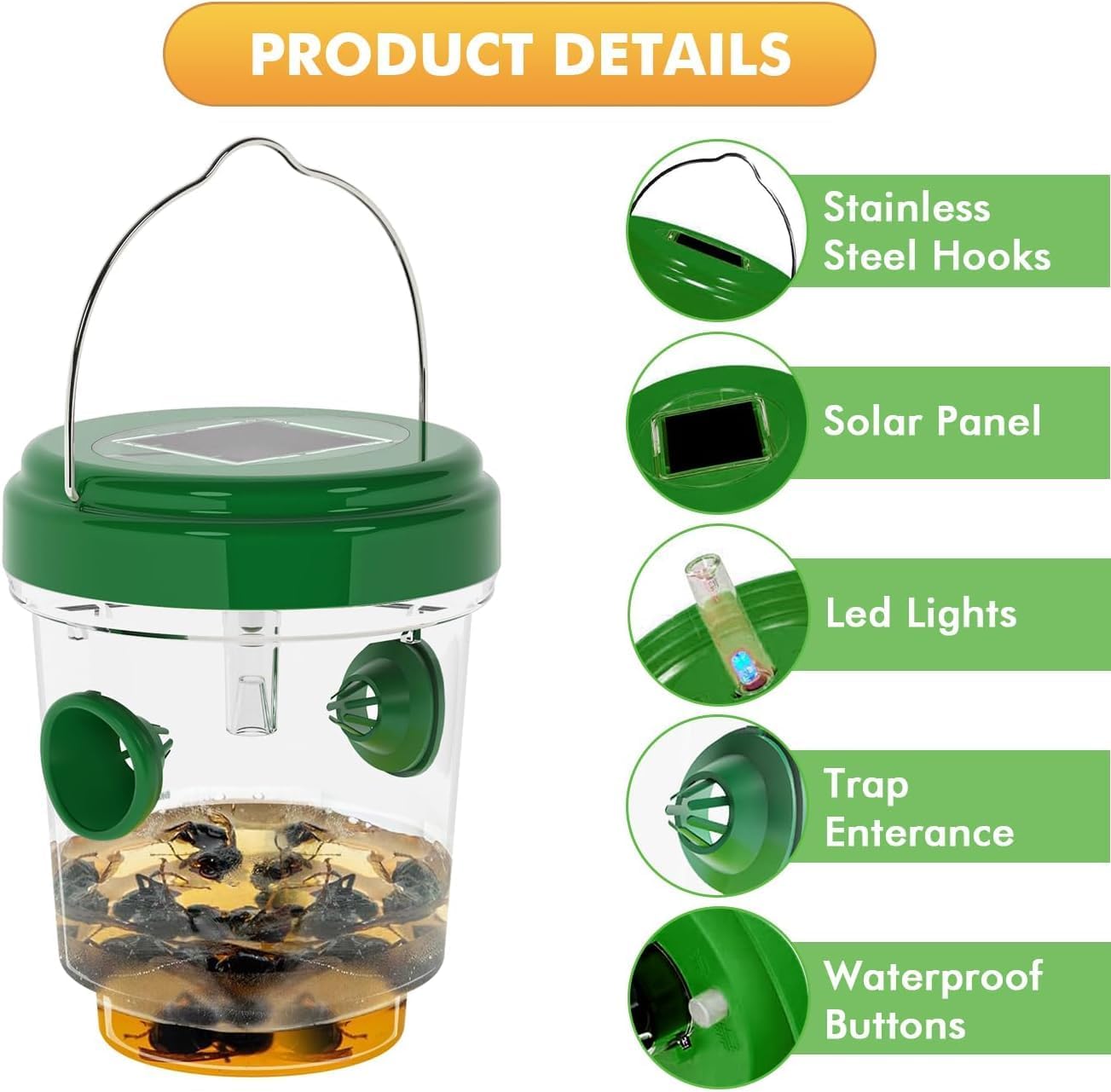 Wasp Traps for Hunting Wasps, Bees, Hornets, Insects, Yellow Jacket Traps, Wasp Trap Catcher, Reusable Solar Powered Hanging for Outdoor, 4 Packs