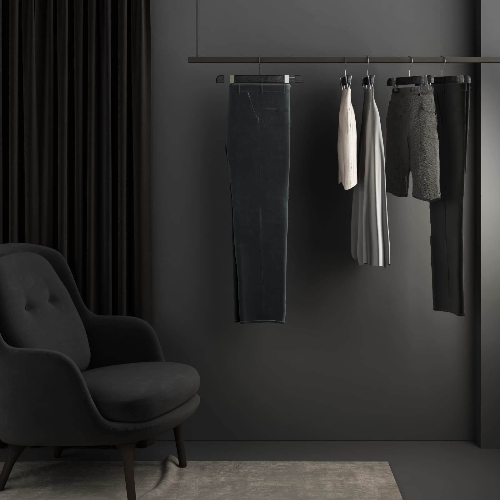 Mainetti Appendini per Gonne, Pantaloni Uomo Donna, Grucce in Plastica Salvaspazio, con Clip Antiscivolo in Metallo, Effetto Venature Legno, Made in Italy, Set 10 Pezzi (Nero, gancio zincato, 38 cm)