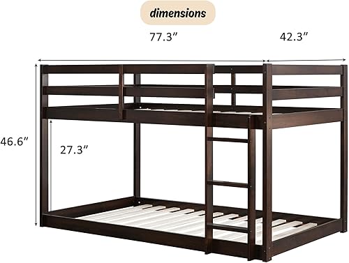 Miniatura 2 de Harper & Bright Designs Literas bajas, tamaño individual sobre individual, marco de litera de madera con escalera de barandilla de seguridad
