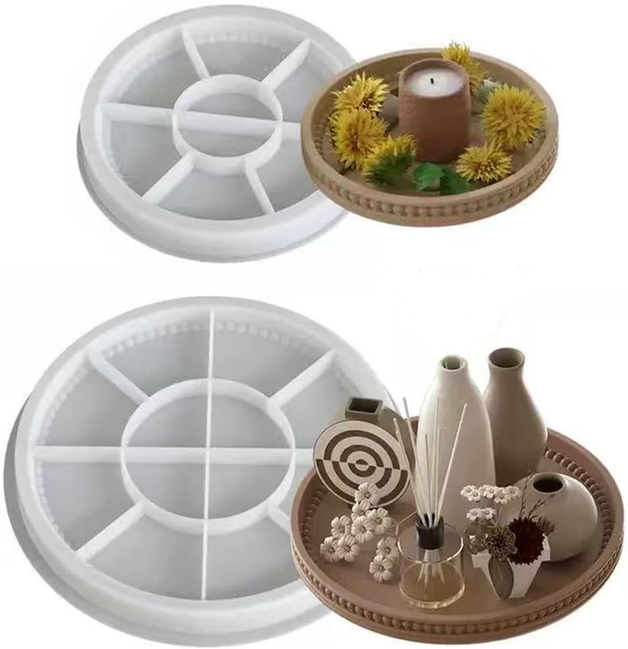 2PCS Round Resin Tray Mold with Bead Edges,Jewelry Trinket Plate Candle Holder Mold DIY Art Craft Christmas Home Decor (Round)