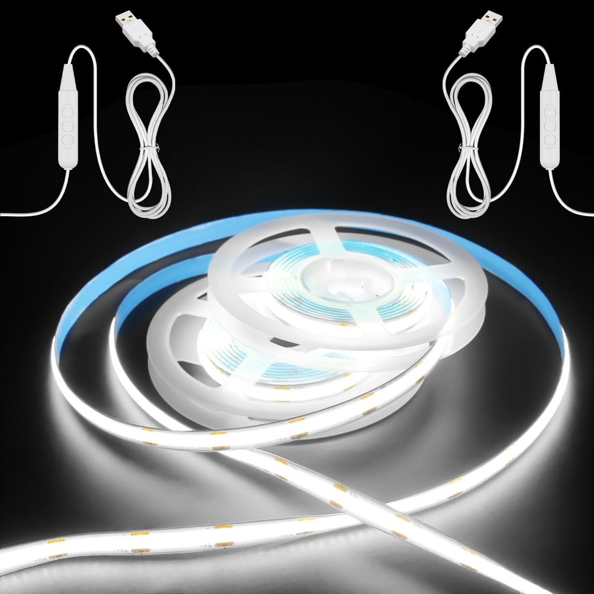 Aclorol 5V USB Powered Dimmable COB LED Strip Light 3.28FT/1M 320LEDs Cold White LED Flexible Tape Lights with 1.5M Cable for Under Cabinet TV Backlight Bedroom Wardrobe Shelves Displays (2 Pack)