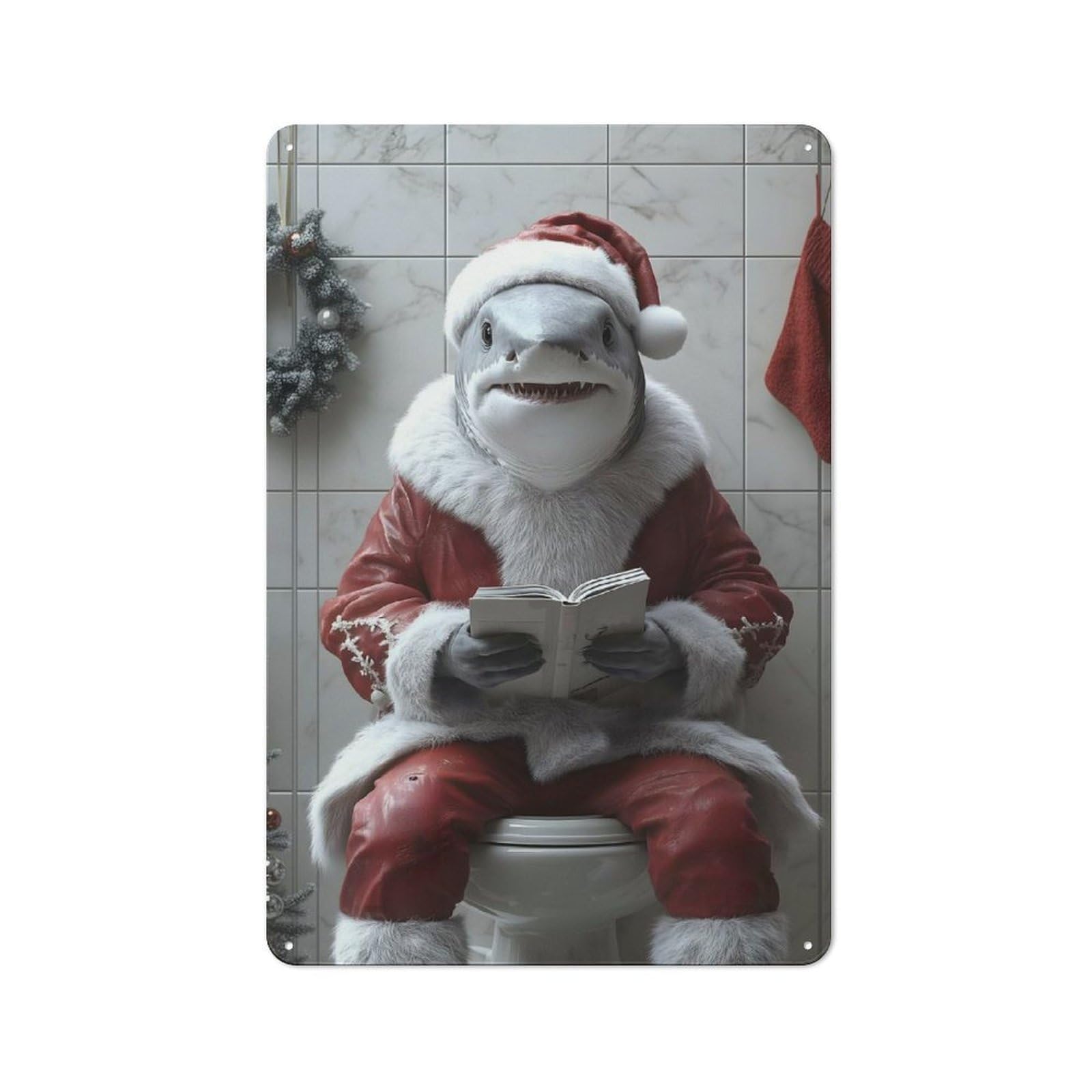 Junmoney Shark Santa On Toilet Animal Retro Tin Wall Plaque 30X20cm For Dining Room Or Kitchen, For Home Decor Collectors