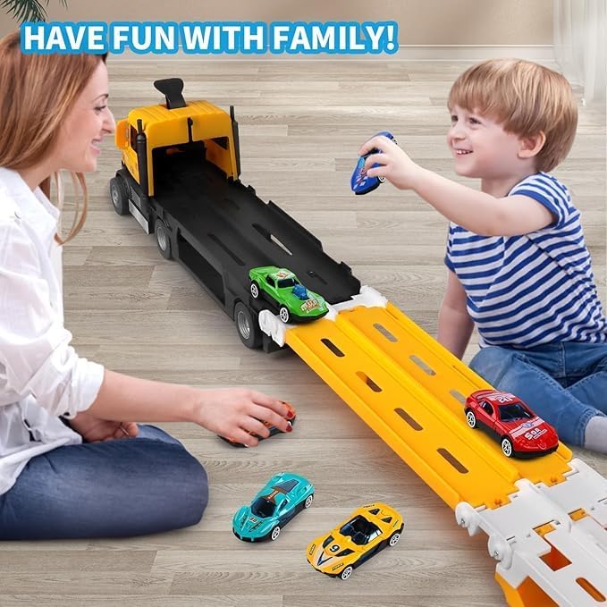 Image of Big Hauler Storage & Deform Truck Toy with 55 inch 2 Ejection Race Track & 6 Cars- Catapult Truck with LED Light & Music for Kids (Yellow)