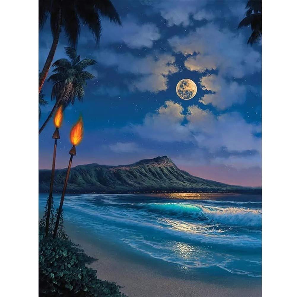 DIY 5D Diamante Pintura Bordado Kits Completo Paisaje luna noche Diamond Painting Adultos/Niños Rhinestone Punto de Cruz Diamante Arte Artesanía Casa Decor de La Pared Round Drill,70x90cm/28x36inch