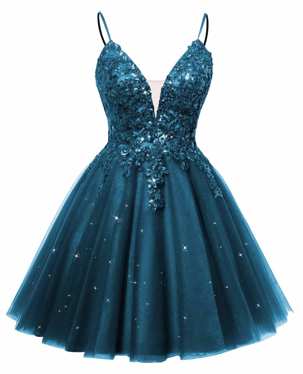 Hppee Women's Teal Glitter Tulle Homecoming Dresses For Teens 2025 A Line V Neck Knee Length Short Prom Dress Uk16