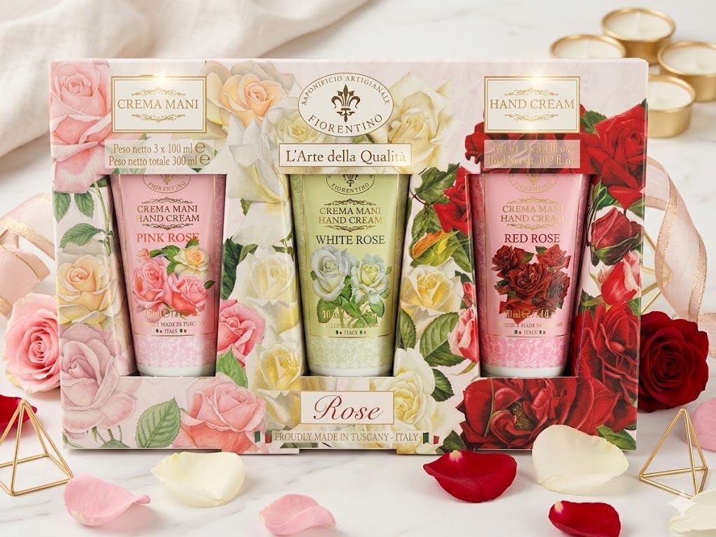 Saponificio Artigianale Fiorentino Hand Cream Gift Set – Rose Collection – Pink, White & Red Rose – 3 x 100 ml – Made in Tuscany Italy.