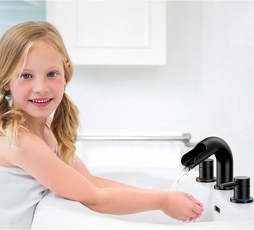 Miniatura 6 de Grifo de baño de cascada negra de 3 agujeros, grifo de baño de 8 pulgadas con drenaje desplegable, grifo de lavabo de baño con boquilla giratoria de