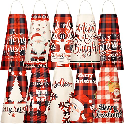 Foaincore 10 Pcs Christmas Kitchen Aprons Christmas Buffalo Plaid Aprons Cooking Apron Xmas Santa Apron Xmas Kitchen Decorations for Cooking, BBQ (Vibrant)