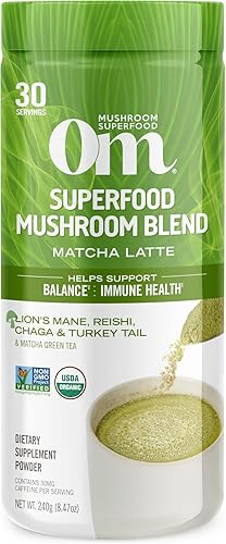 Om Mushroom Superfood Matcha Latte Blend - Polvo de hongos en polvo, recipiente de 8.47 onzas, 30 porciones, té verde, melena de león, Reishi,