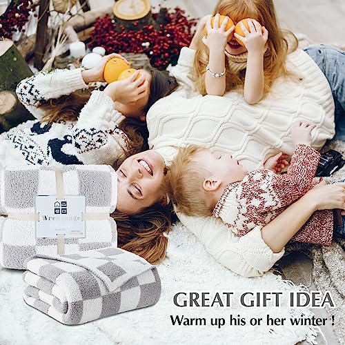 WRENSONGE Checkered Throw Blanket, Light Grey Soft Cozy Fluffy Warm Hand Made Throw Blankets for Couch, Sofa, Chair, Bed, Camping, Picnic, Travel Lightweight Bed Blanket - 60 * 80