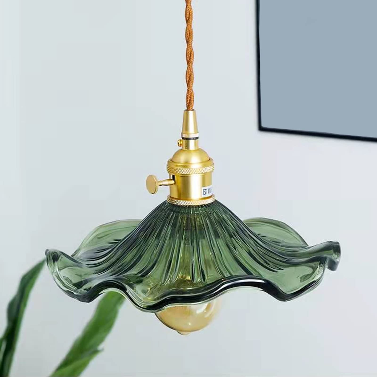 Lampa Wisząca Szklana E27 Zielony Klosz w Kształcie Liścia Lotosu z Przełącznikiem Retro Loft do Kuchni Jadalni Sypialni Kawiarni
