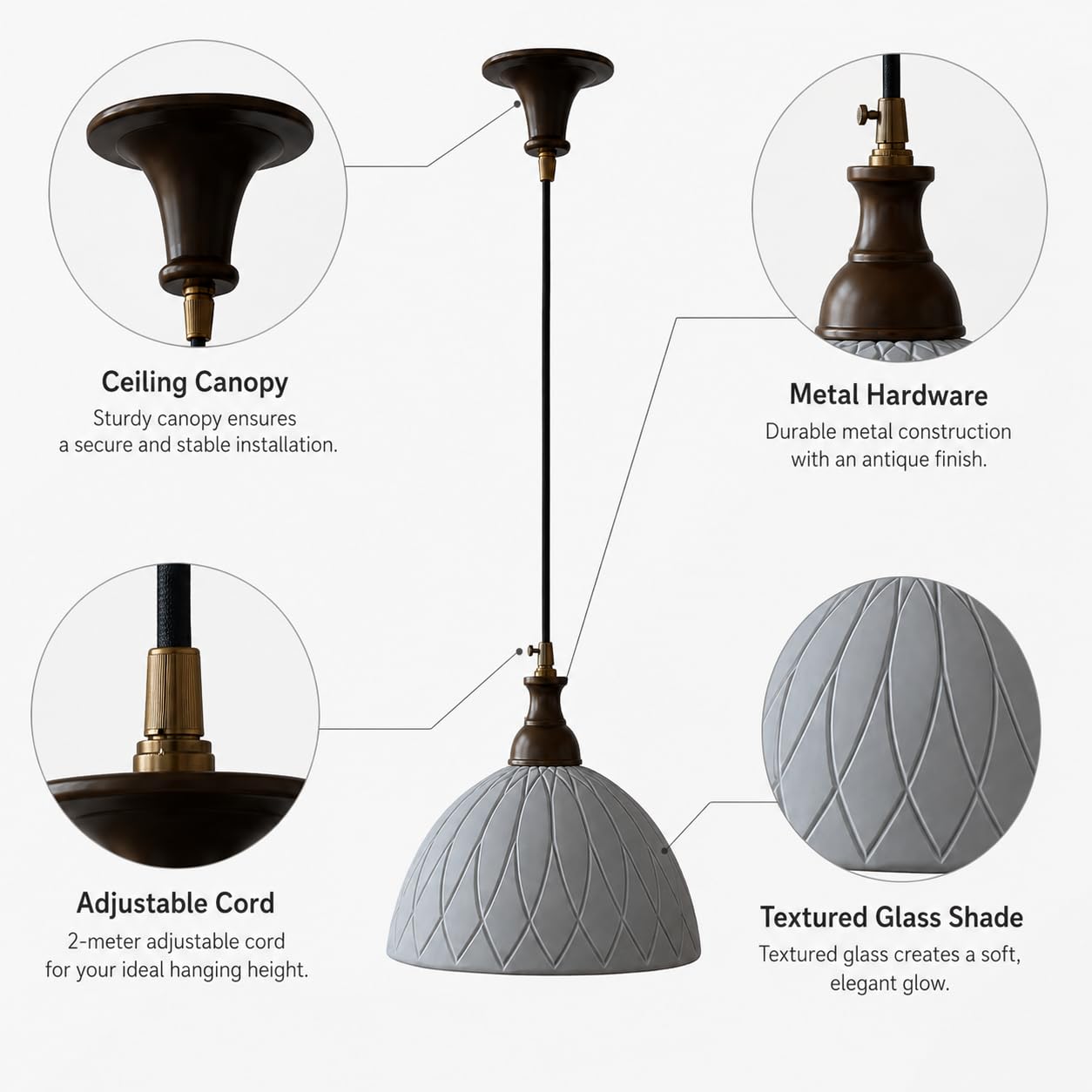 Lámpara colgante de bronce vintage con pantalla de cristal texturizado