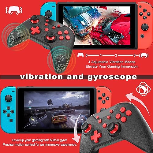 Wireless Switch Controller - Switch Pro Controller Compatible With Switch/Switch Oled/Pc/Android/Ios - One-Key Wakeup, Turbo, Dual Vibration, 6-Axis Gyroscope, Four Programmable Buttons - Black Red #TOP2