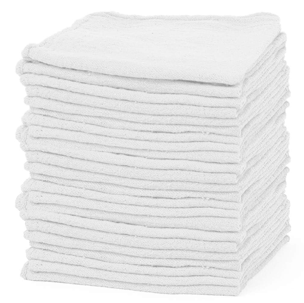 TALVANIA Shop Towels – Pack of 50 Reusable Cleaning Rags – Durable Quality Cotton – 13" x 13"– Machine Washable – Suitable for All Purposes (White)
