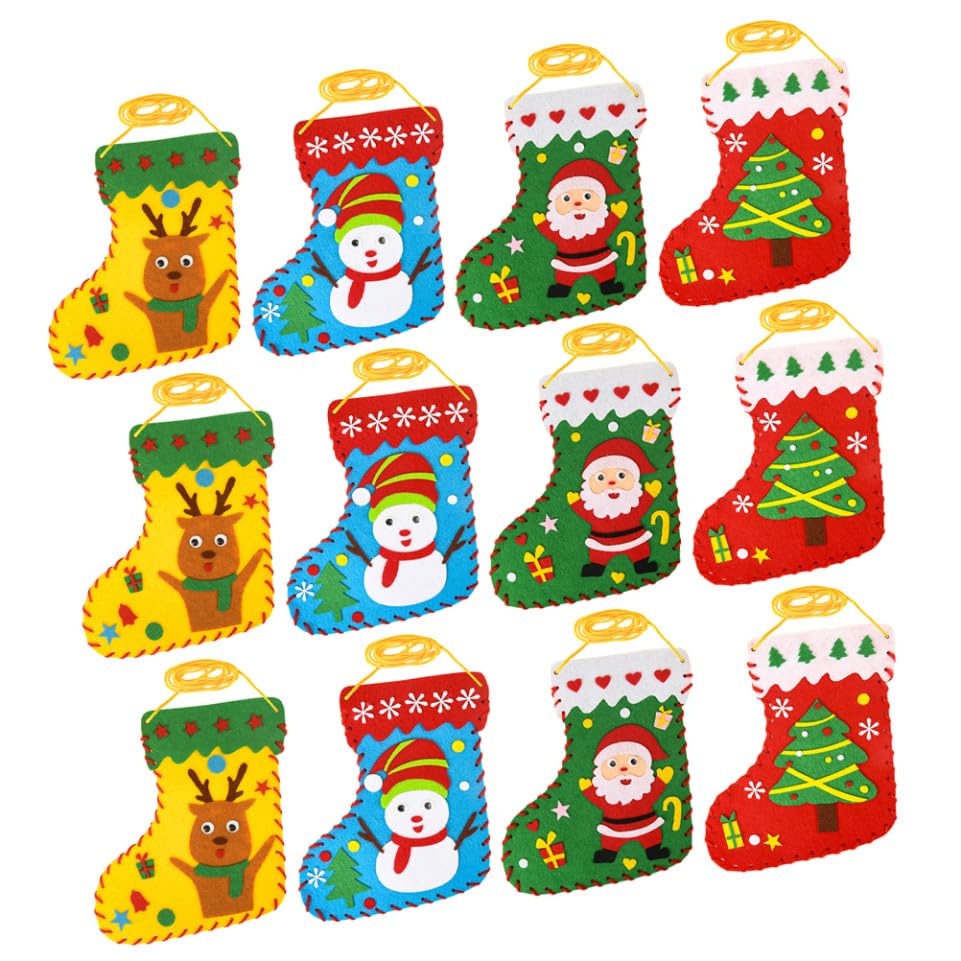 Milisten 12pcs DIY Felt Christmas Stocking Kit for Boys and Girls Sewing Crafts Educational Craft Supplies for Homemade Christmas Decorations