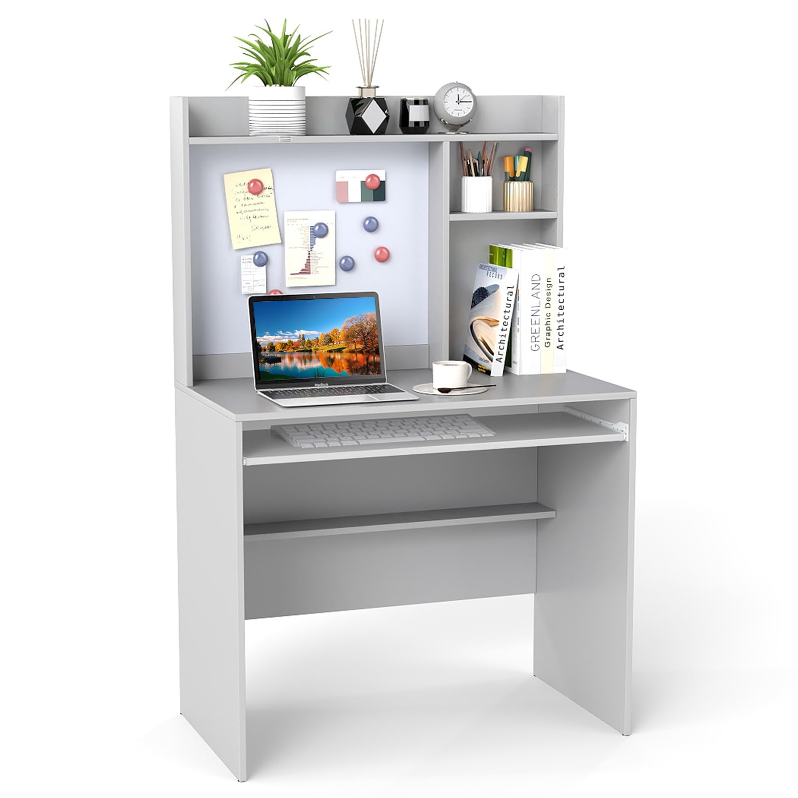 COSTWAY Computer Desk, Modern Writing Workstation PC Laptop Table with Hutch, Magnetic Bulletin Board, Keyboard Tray and Adjustable Shelf, Home Office Work Study Desk (Gray)