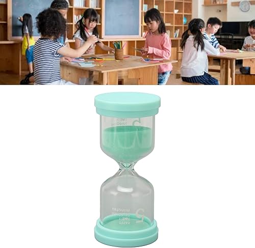 Miniatura 5 de Temporizador de arena verde duradero, juego de 2, 5 minutos, hecho de vidrio transparente grueso y plástico, pequeño y portátil, perfecto para