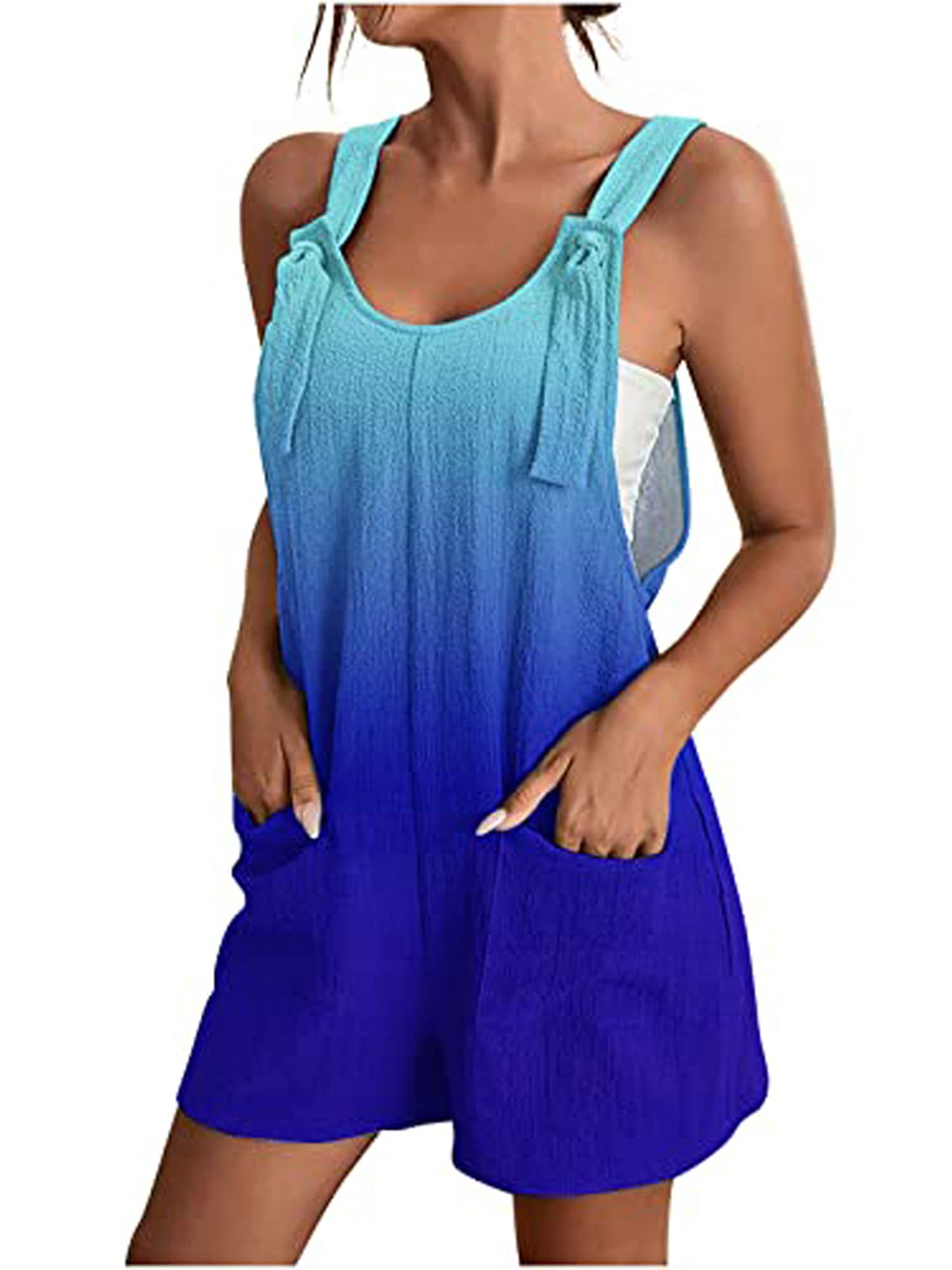Yoisdtxc Elegant Women's Summer Casual Jumpsuits Solid Color Sleeveless Backless Short Jumpsuit Wide Leg Jumpsuit with Pockets