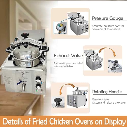 Miniatura 3 de Macheine de pollo frito de alta presión de 110V 16L, freidora de presión de acero inoxidable con control de temperatura de 2400W, freidora eléctrica