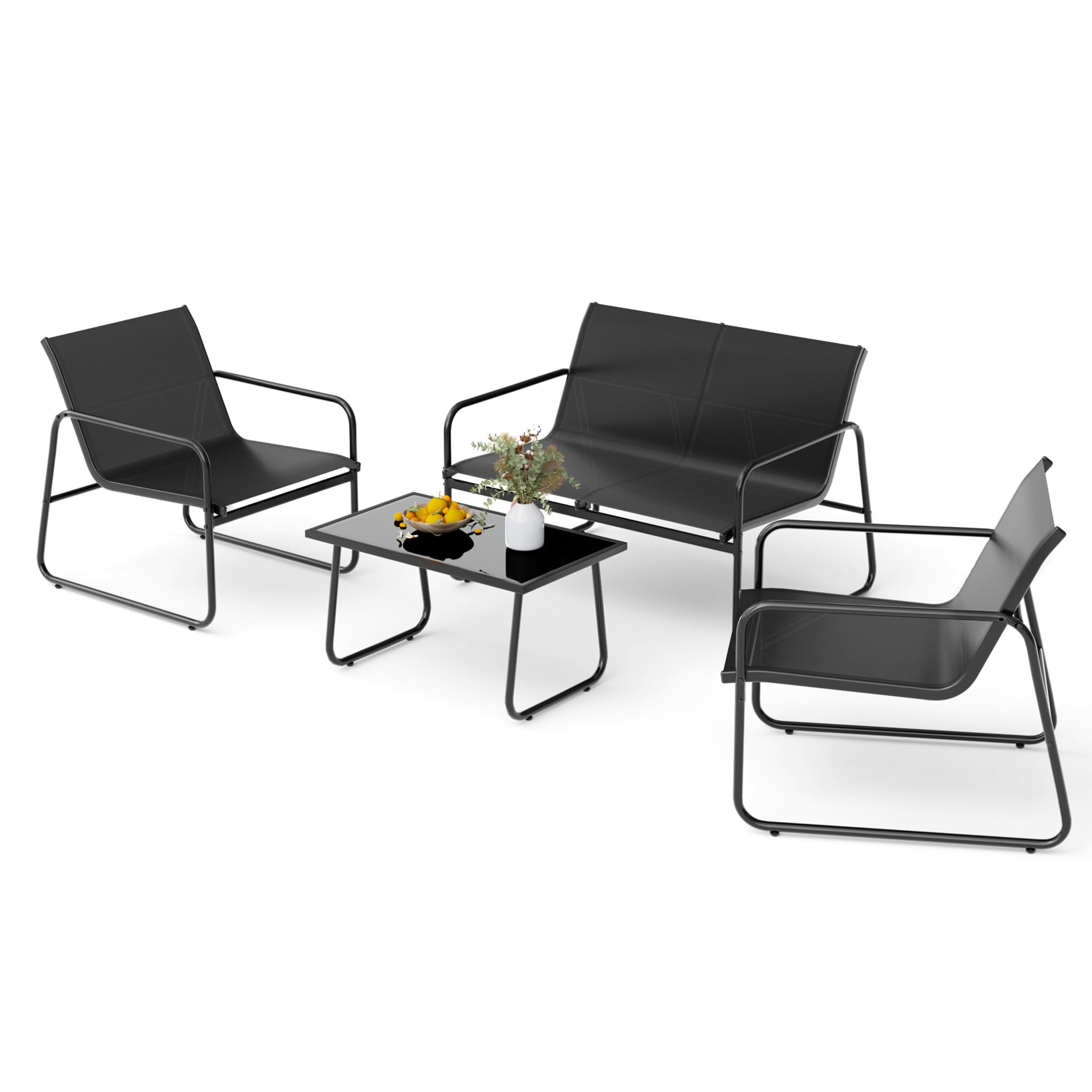 Mondeer Salon de Jardin Exterieur 4 Personnes, pour Terrasse Balcon (Noir) | Mobilier de Jardin avec 2 Places 2 fauteuils 1 Table Basse, Métal et Textilène
