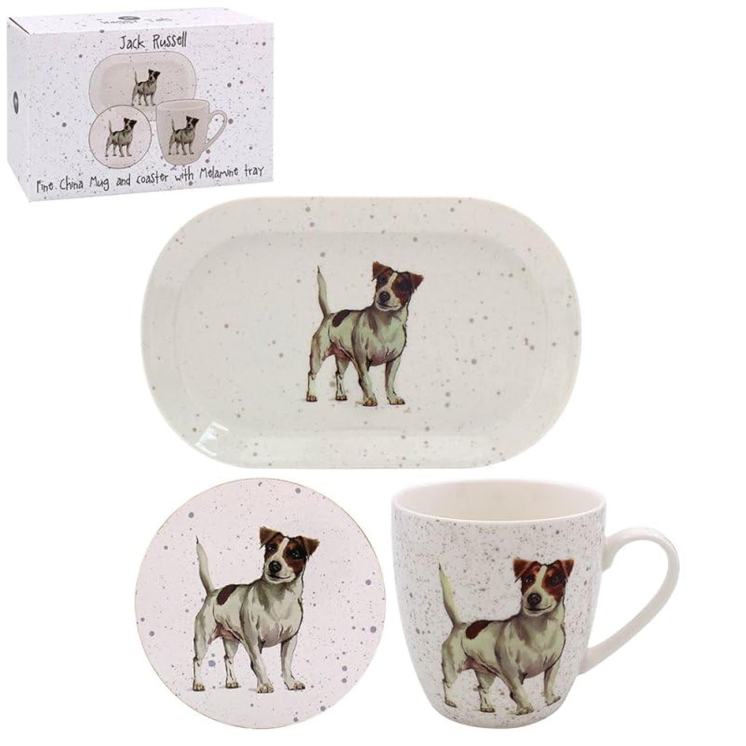 The Leonardo Collection Jack Russ Mug Lesser & Pavey Coaster, Tray & Mug Set | Coffee Table Tray, Mugs & Coasters Set Perfect For Any Home Or Office | Jack Russ Tea & Coffee Mug With Tray & Coast Set - Sarah Boddy