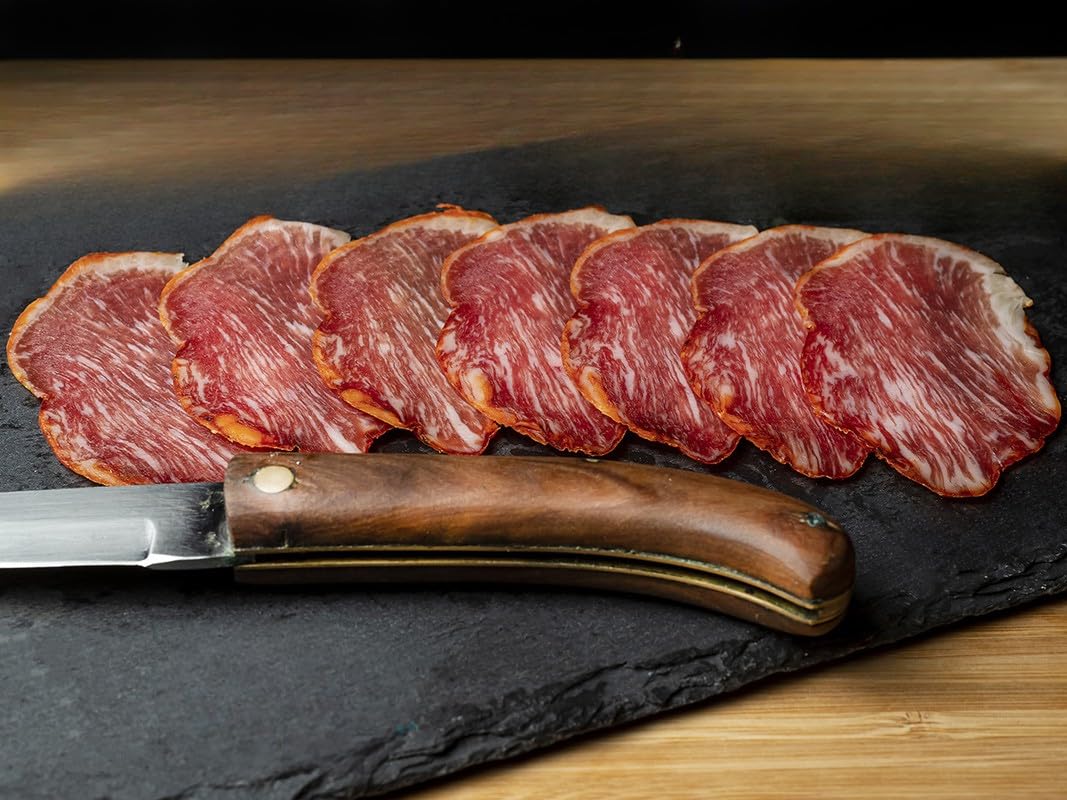 Lote de 5 sobres de jamón ibérico de cebo cortado a cuchillo, lomo ibérico de bellota 100% puro y regalo cuña de queso artesanal