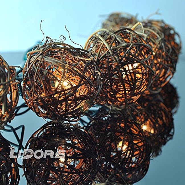 LIDORE Rattan Christmas String Lights, Mini Globe Wicker Lights for Patio, Wedding, Garden and Party, Brown Rattan and Green Cord, 7.92Ft Indoor/Outdoor