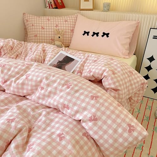 Nyescasa Housse de Couette 220x240 Rose et Blanc à Carreaux Vichy et Nœud Papillon Rose Parure de lit Adulte 2 Personnes en Microfibre Linge de Lit avec Fermeture Éclair et 2 Taies d'oreiller 65x65 cm