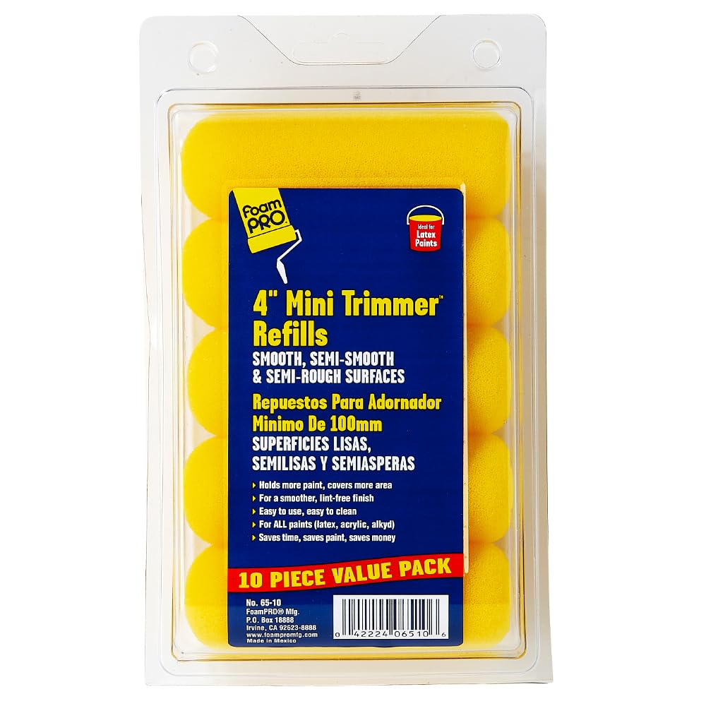 FoamPRO 65-10 Mini Trimmer Refill - 4-Inch Paint Rollers for Precision Painting- with 3/8 in Nap - Pack of 10, Yellow