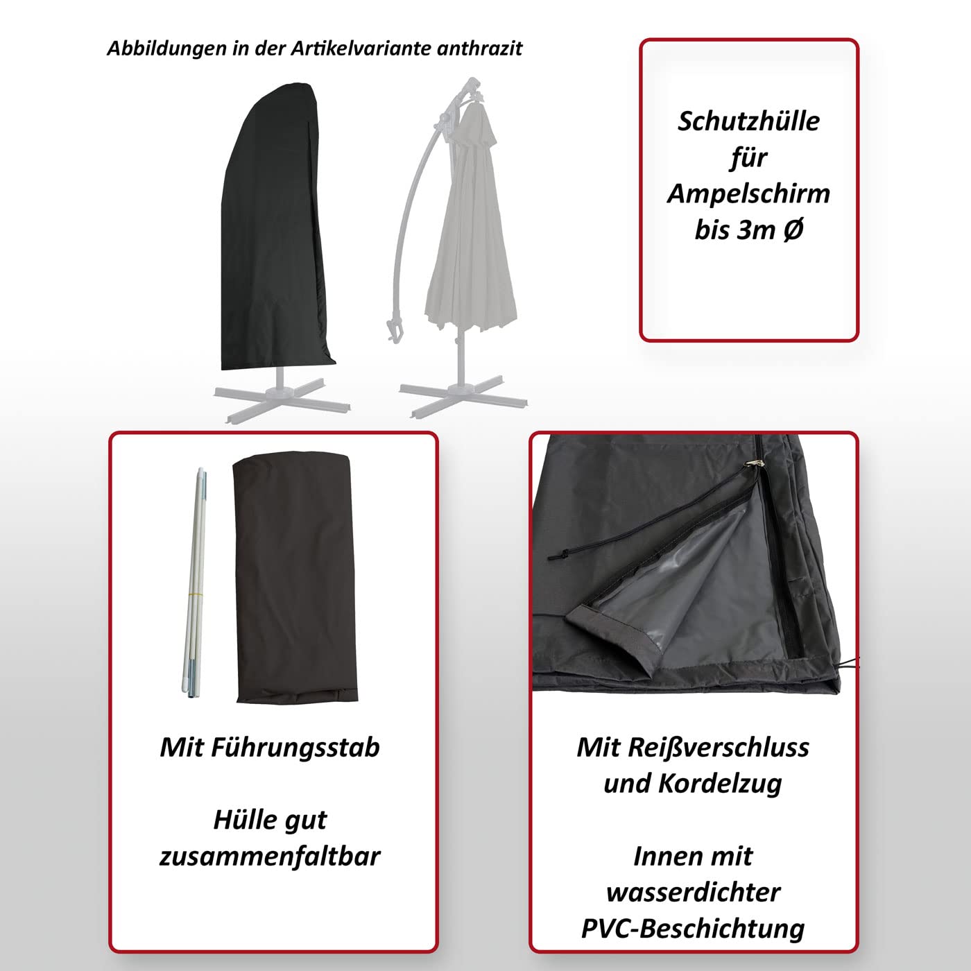 Mendler Pokrowiec ochronny na parasol przeciwsłoneczny HWC-D14 do 3 m, pokrowiec ochronny z zamkiem błyskawicznym - antracyt