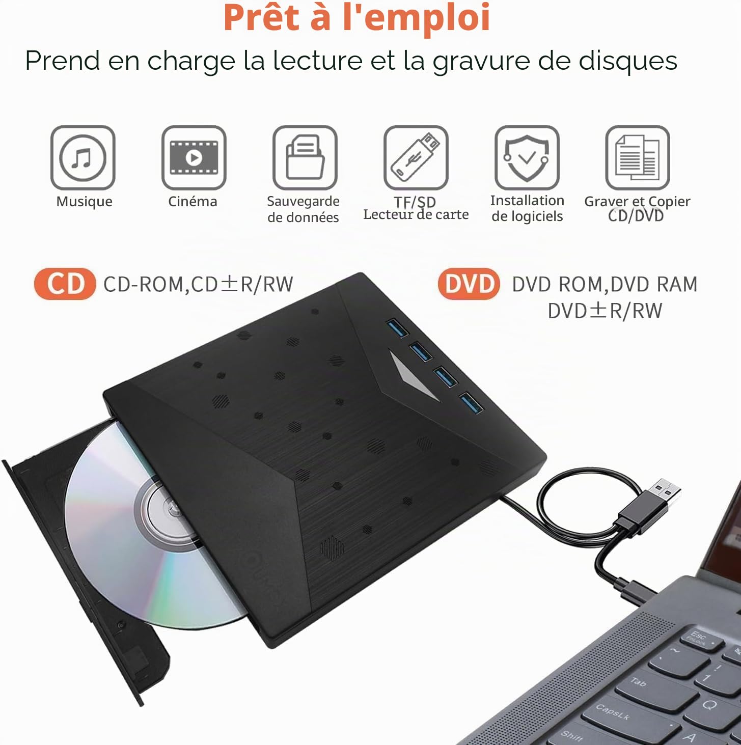 Qumox Graveur DVD CD Externe, Lecteur CD DVD Externe, USB 3.0 Avec 4 Ports USB Et 2 Lecteurs De Cartes TF/SD, Unité CD/DVD Externe Ultra Fine Pour Ordinateur Portable Mac,PC Windows 11/10/8/7 Linux OS