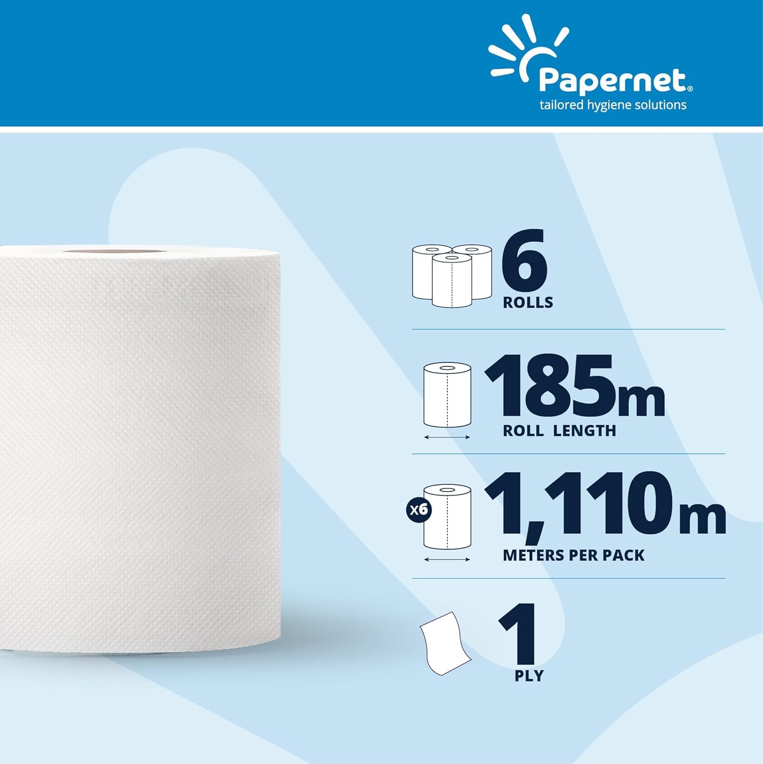 Papernet Autocut - Rollos de papel para toallas (1 lg, 20 x 185 m, 6 rollos, reciclado), color natural | (416604), Rollos de papel reciclados de 185 m cada uno, servicios de 20 cm, relieve micro, blanco