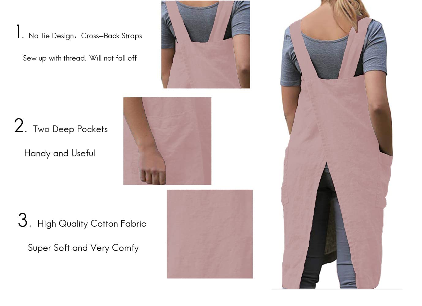 Damen Schürze mit überkreuzten Rücken, mit großen Taschen, für Zuhause, Küche, Restaurant, Café, Kochen und Gartenarbeiten - Pink - XX-Large