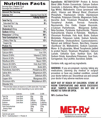 Met-Rx Meal Replacement Powder Boxed, Extreme Chocolate, 2.54 Oz, Pack Of 40 #TOP3