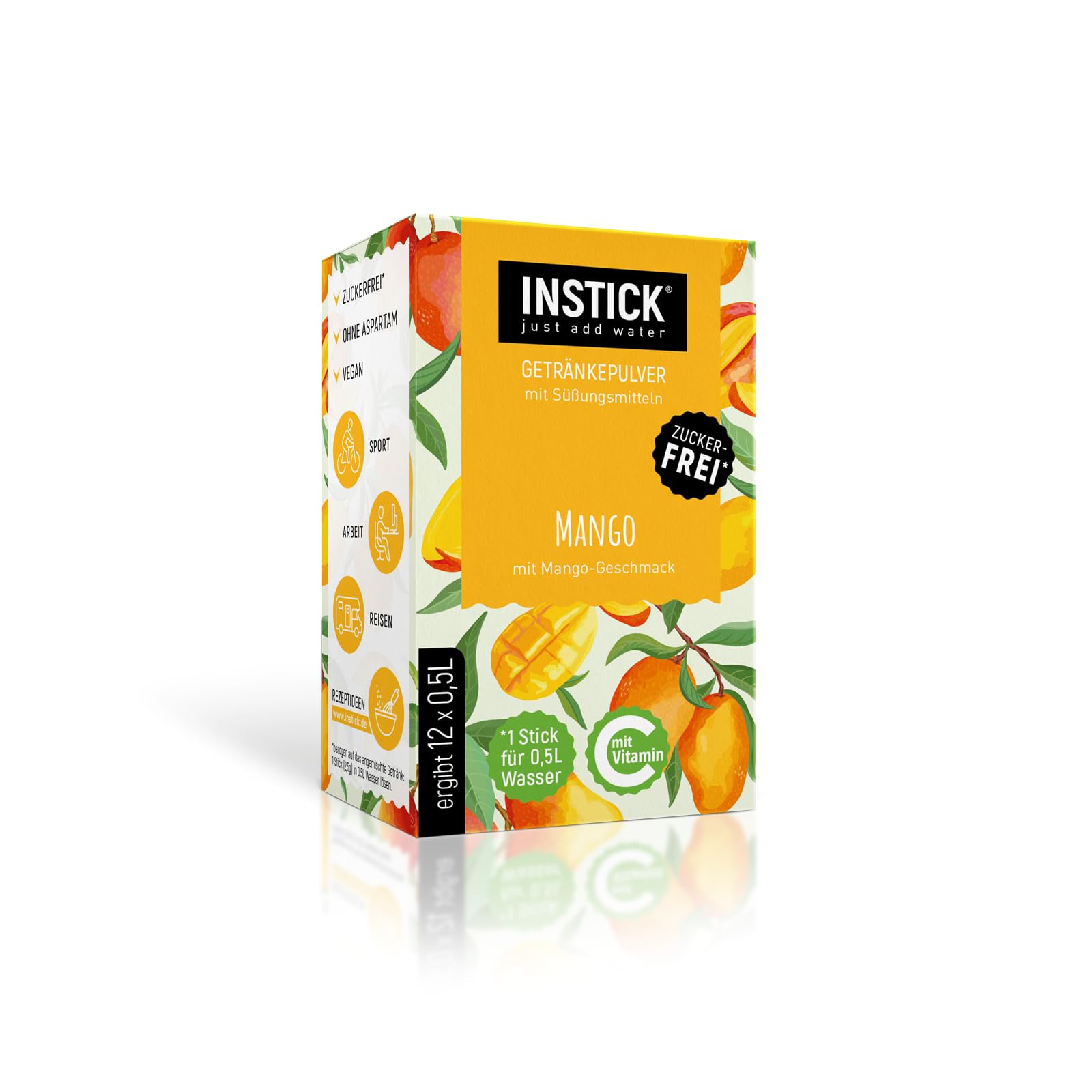 INSTICK Bevanda istantanea senza zucchero (Mango) - 1 confezione per 12 x 0,​5-​1 L - Polvere per bevande vegane a basso contenuto calorico e vitamina C - Polvere istantanea