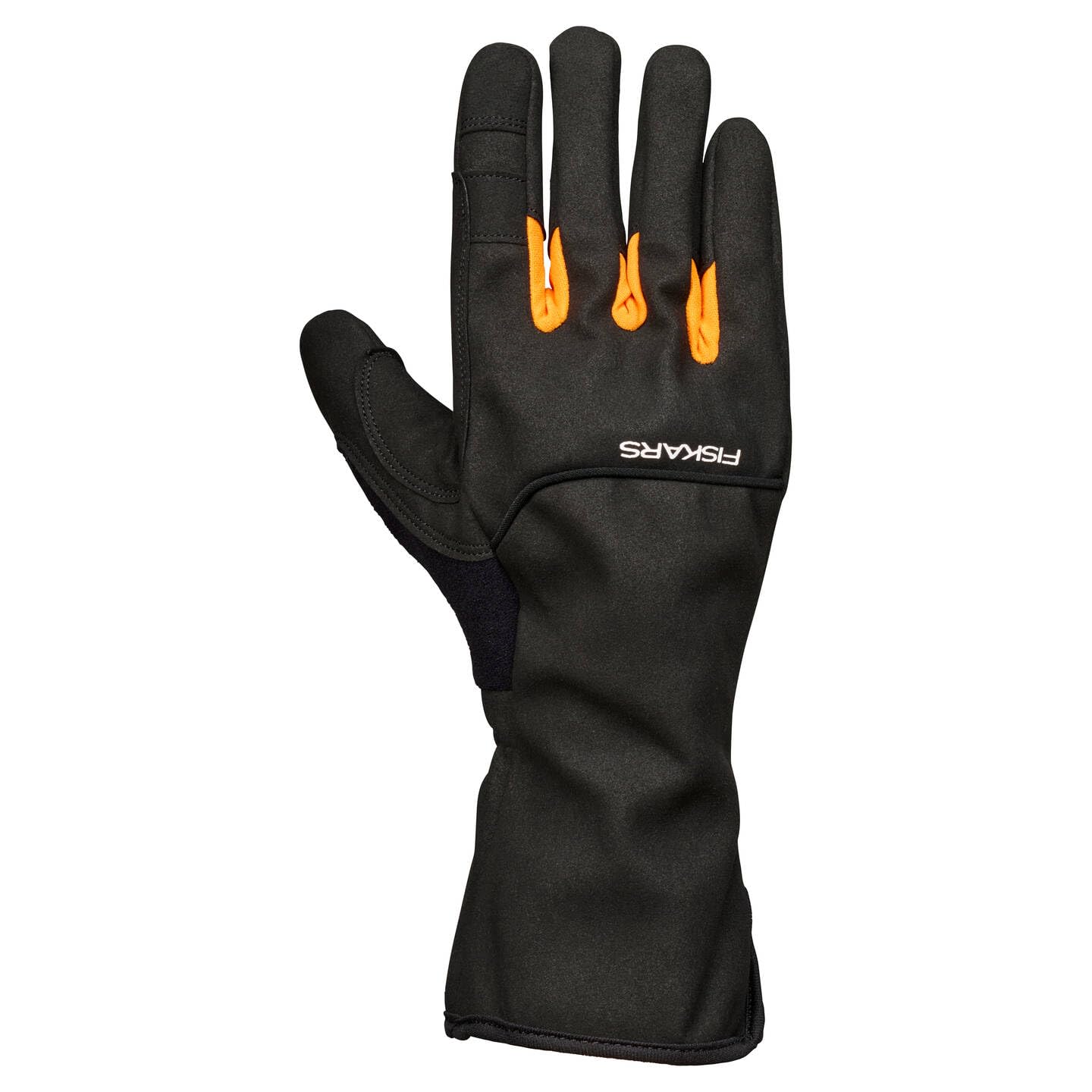 Fiskars Guantes para el Cuidado de Arbustos, Guantes de Trabajo para el Jardín, Pulgares y Puntas de los Dedos Compatibles con Pantallas Táctiles, Imitación de Cuero, Talla 10, Negro/Naranja, 1071153