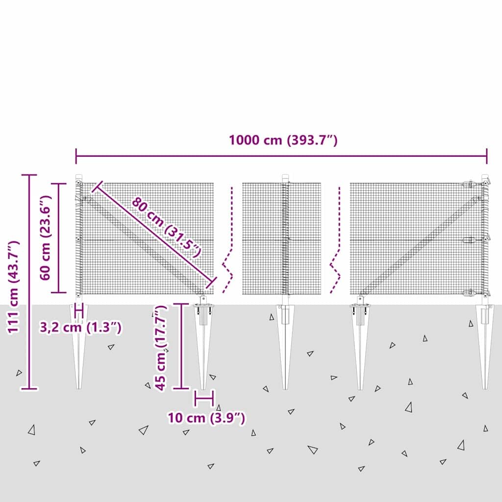 Ocynkowane ogrodzenie stalowe z kolcami 10 x 0,6 m, odporny na warunki atmosferyczne element ogrodzeniowy z siatki drucianej, ograniczenie bezpieczeństwa do ogrodów i tarasów, łatwy montaż